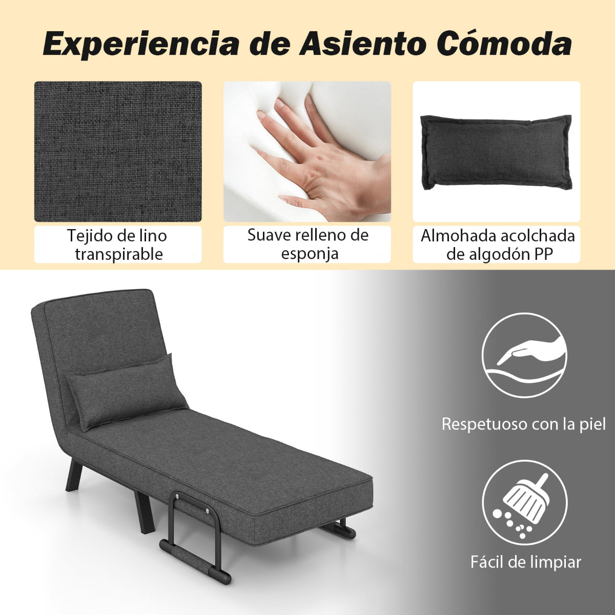 Sofa Cama, Sillon Cama, Sofa Cama Pequeño, Convertible Plegable Silla de Dormir Individual, Gris Oscuro, Costway, 7