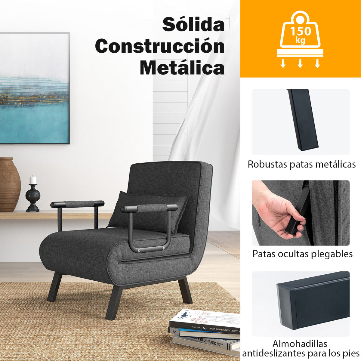 Sofa Cama, Sillon Cama, Sofa Cama Pequeño, Convertible Plegable Silla de Dormir Individual, Gris Oscuro, Costway, 8