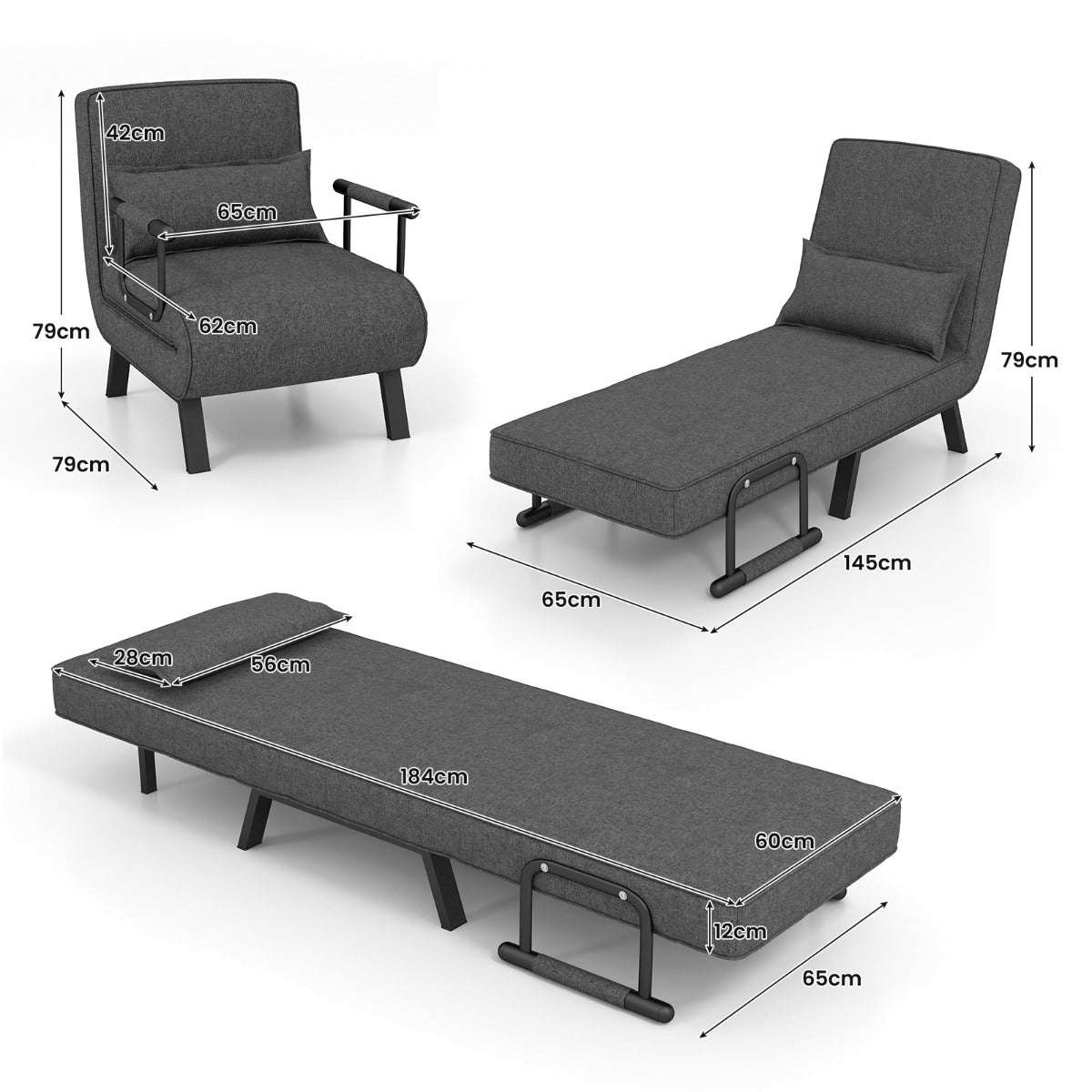 Sofa Cama, Sillon Cama, Sofa Cama Pequeño, Convertible Plegable Silla de Dormir Individual, Gris Oscuro, Costway, 3