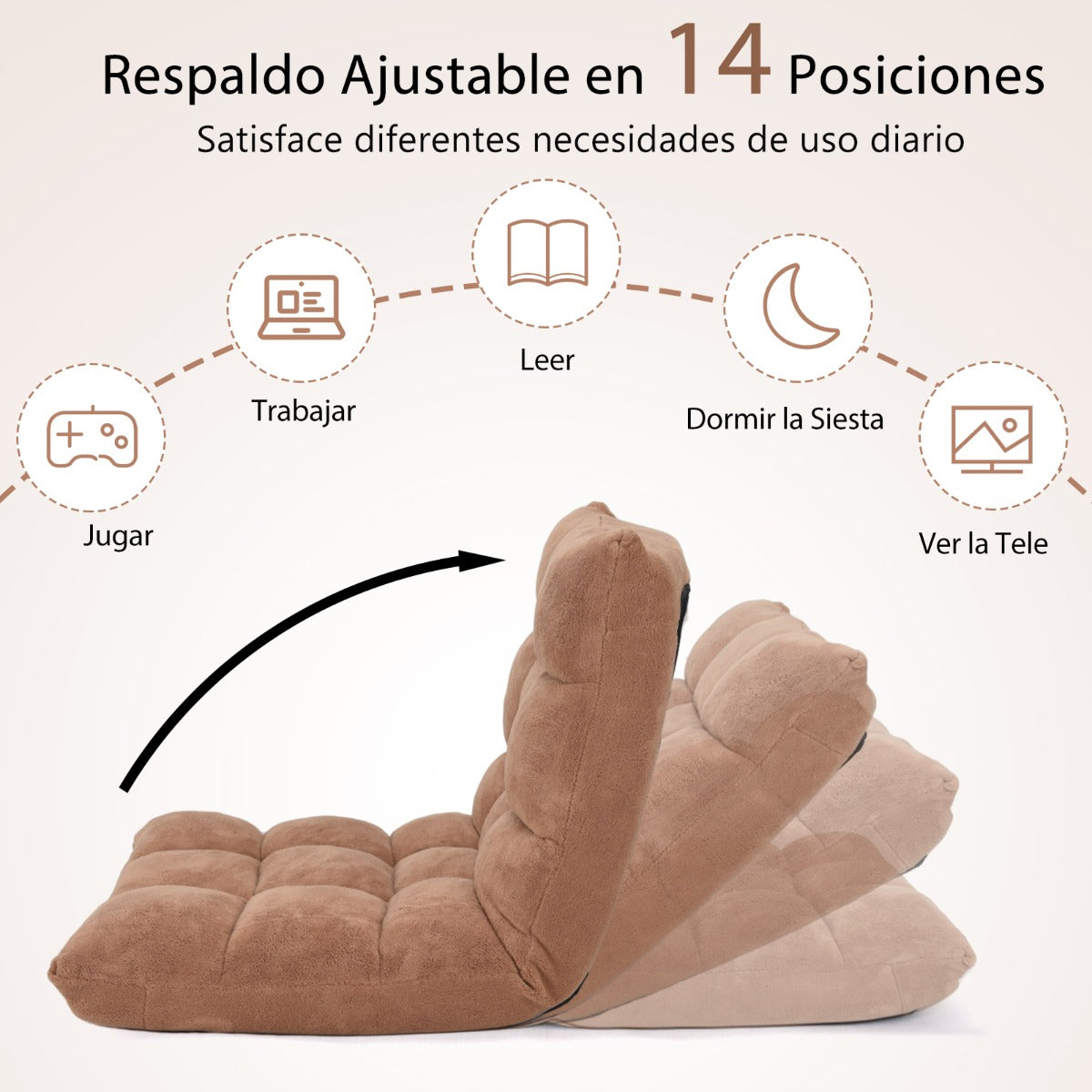 Sofa Suelo, Sofa Perezoso, Silla Japonesa, Sofá Plegable, Sillon Lectura, Respaldo Ajustable 14 Posiciones, Beige, Costway, 8
