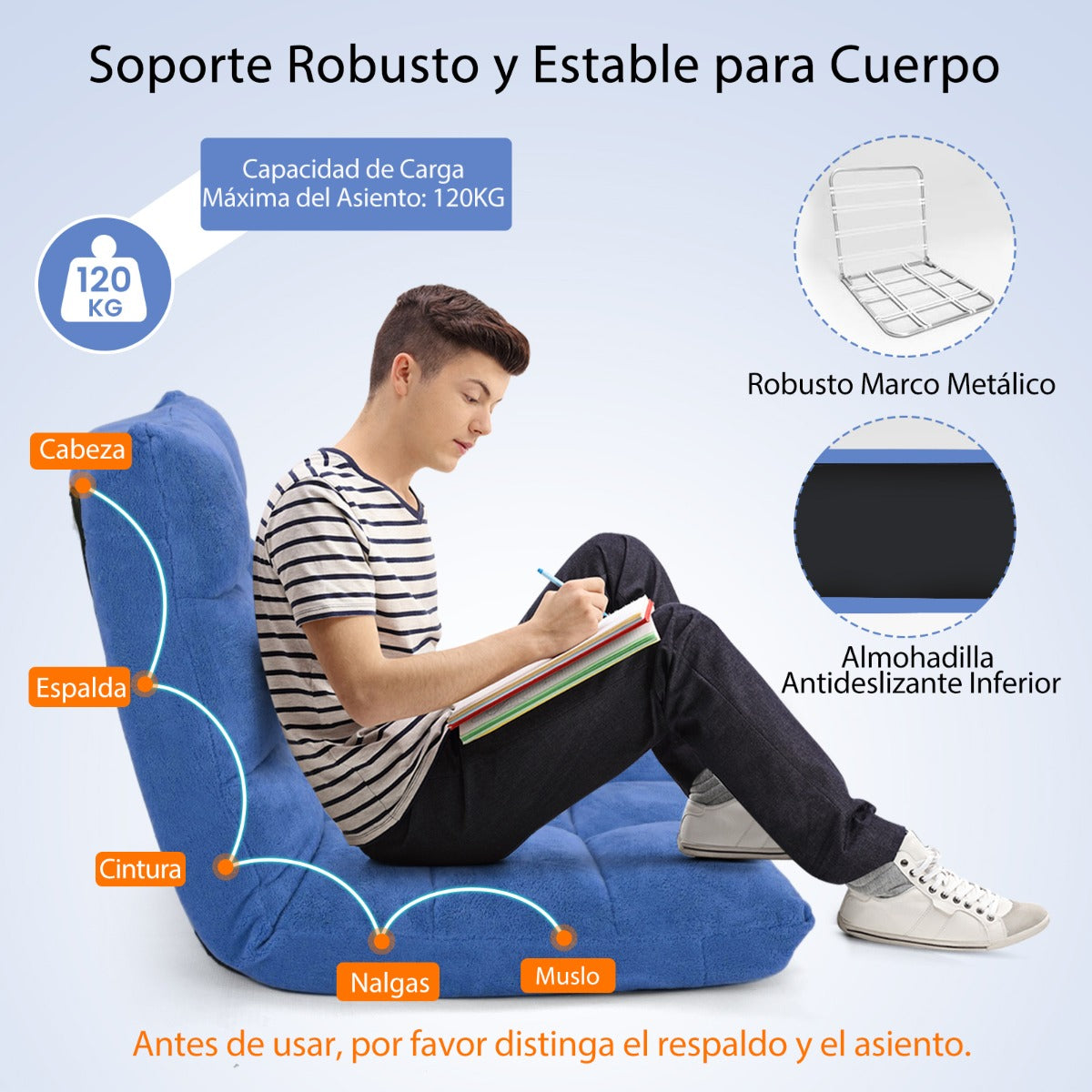 Sofa Suelo, Silla Japonesa, Sofa Perezoso, Sofá Plegable, Sillon Lectura, Respaldo Ajustable 14 Posiciones, Azul, Costway, 8