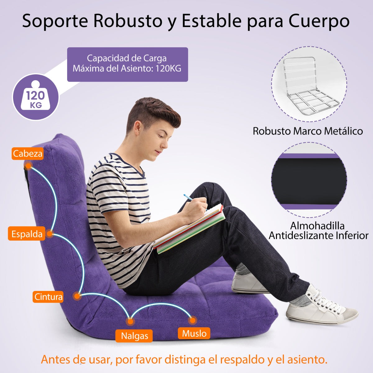Sofa Suelo, Silla Japonesa, Sofa Perezoso, Sofá Plegable, Sillon Lectura, Respaldo Ajustable 14 Posiciones, Violeta, Costway, 6