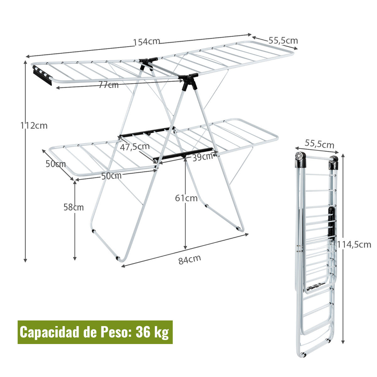 Tendedero Plegable, de 2 Niveles Tendedero de ropa, Alas Ajustables, para Ropa, Zapatos, Mantas, Marco Acero, Blanco, Costway, 3
