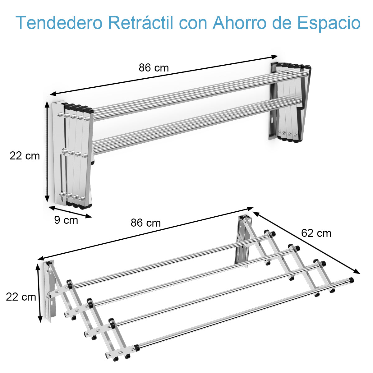 Tendedero, Tendedero pared, Tendedero plegable, con 8 Barras, Toallero Retráctil en Acordeón de Metal, Plata, Costway, 3