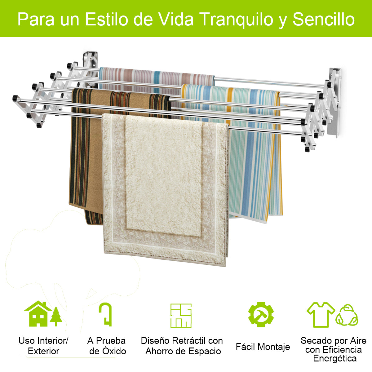 Tendedero, Tendedero pared, Tendedero plegable, con 8 Barras, Toallero Retráctil en Acordeón de Metal, Plata, Costway, 5