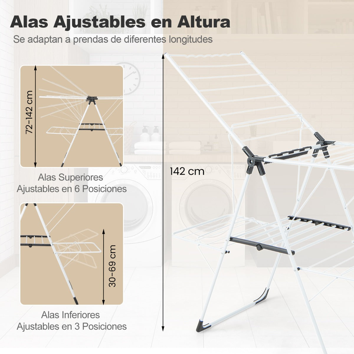 Tendedero Balcon, 2 Niveles, Tendedero Plegable, Alas Ajustables en Altura, 33 Rieles de Secado y Clips para Calcetines, Costway, 4
