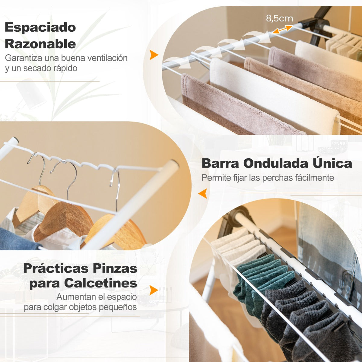 Tendedero Balcon, 2 Niveles, Tendedero Plegable, Alas Ajustables en Altura, 33 Rieles de Secado y Clips para Calcetines, Costway, 6