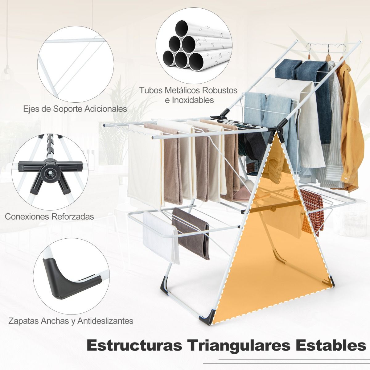Tendedero Balcon, 2 Niveles, Tendedero Plegable, Alas Ajustables en Altura, 33 Rieles de Secado y Clips para Calcetines, Costway, 7
