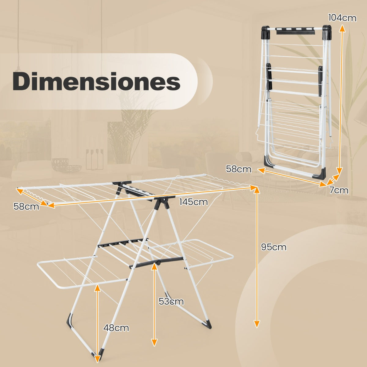 Tendedero Balcon, 2 Niveles, Tendedero Plegable, Alas Ajustables en Altura, 33 Rieles de Secado y Clips para Calcetines, Costway, 5