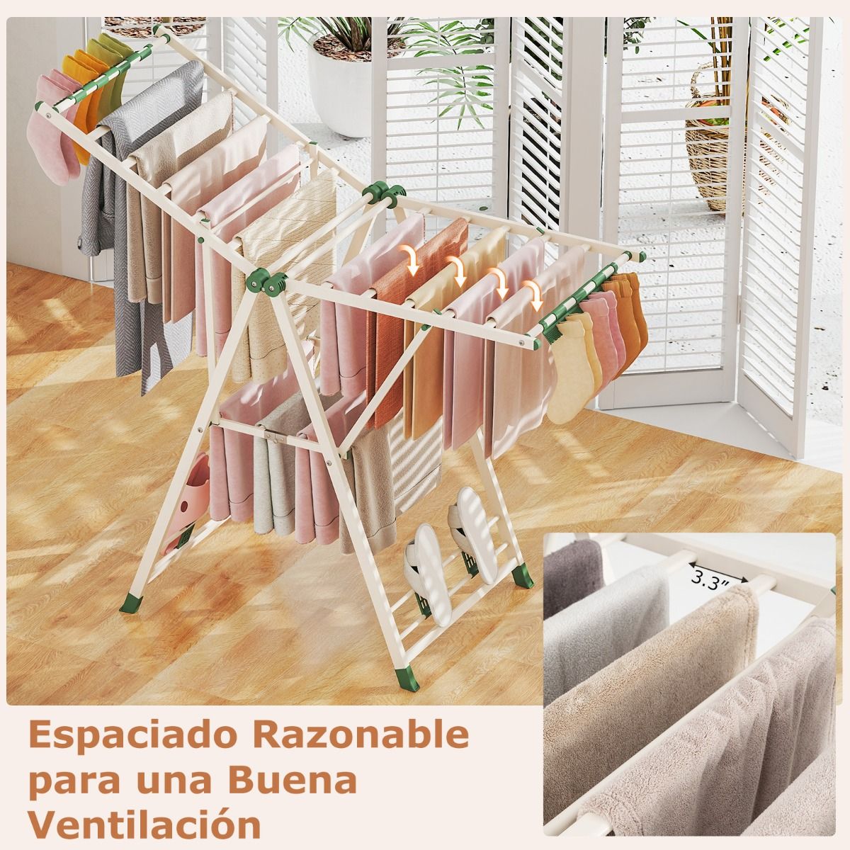 Tendedero Plegable, con Alas Ajustables, Tendedero de Ropa, Tendedero Exterior, para Balcon, Beige, Costway, 5