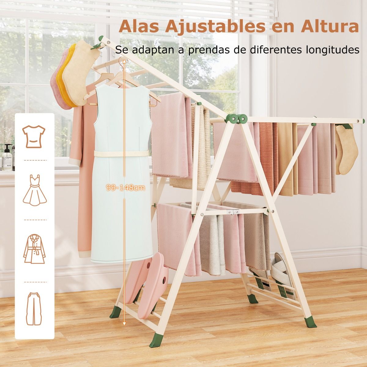 Tendedero Plegable, con Alas Ajustables, Tendedero de Ropa, Tendedero Exterior, para Balcon, Beige, Costway, 3
