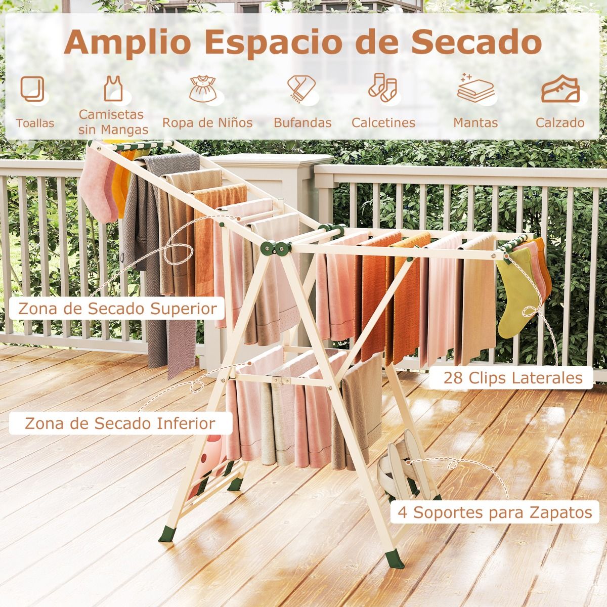 Tendedero Plegable, con Alas Ajustables, Tendedero de Ropa, Tendedero Exterior, para Balcon, Beige, Costway, 7