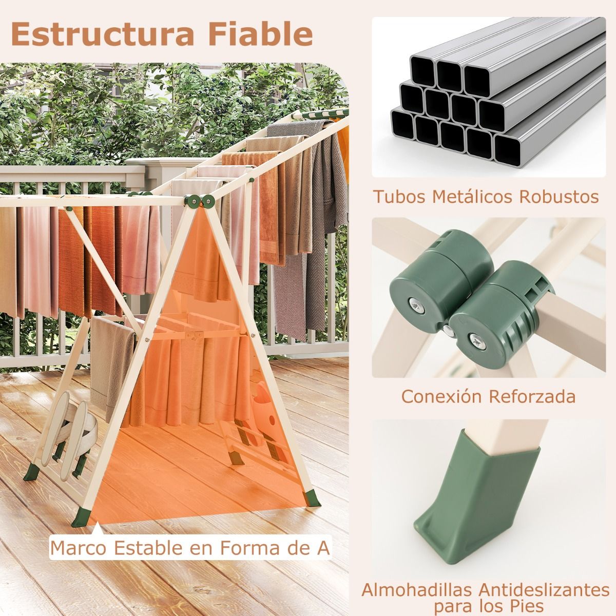 Tendedero Plegable, con Alas Ajustables, Tendedero de Ropa, Tendedero Exterior, para Balcon, Beige, Costway, 8