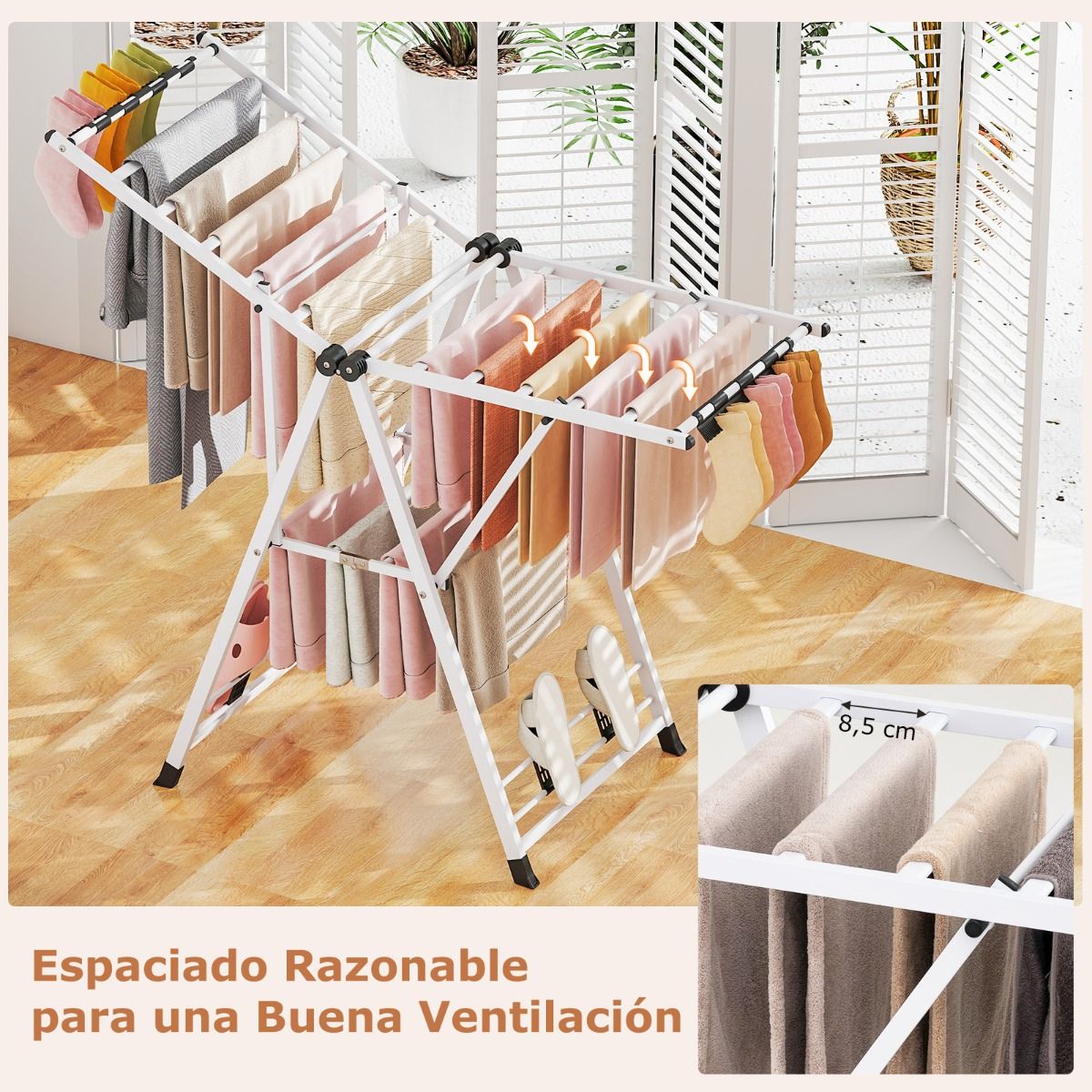 Tendedero Plegable, con Alas Ajustables, Tendedero de Ropa, Tendedero Exterior, para Balcon, Blanco, Costway, 5