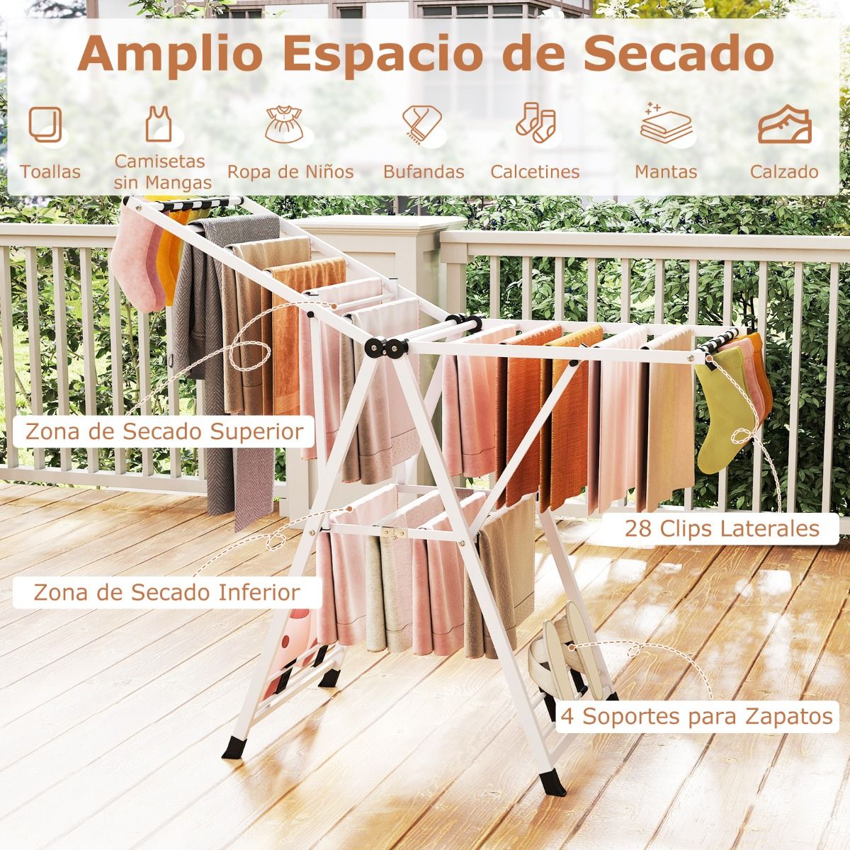 Tendedero Plegable, con Alas Ajustables, Tendedero de Ropa, Tendedero Exterior, para Balcon, Blanco, Costway, 6