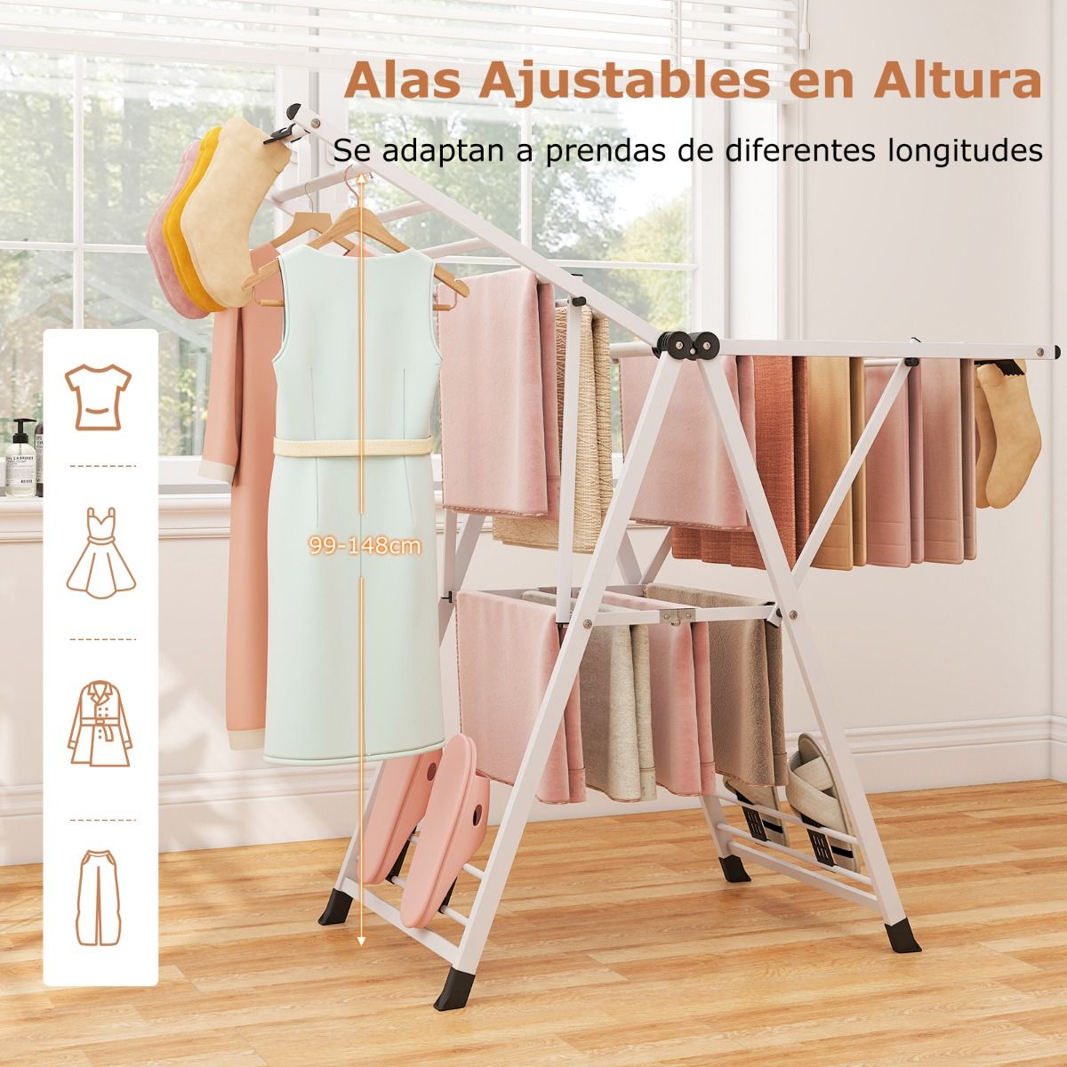 Tendedero Plegable, con Alas Ajustables, Tendedero de Ropa, Tendedero Exterior, para Balcon, Blanco, Costway, 7