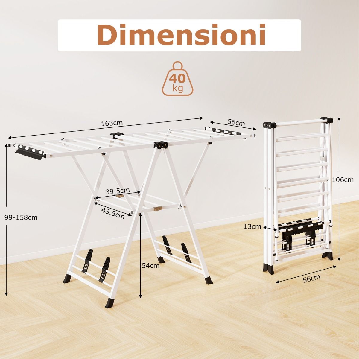 Tendedero plegable, con Alas Ajustables, Tendedero de ropa, 163 x 56 x 99–158 cm, Blanco, Costway, 4