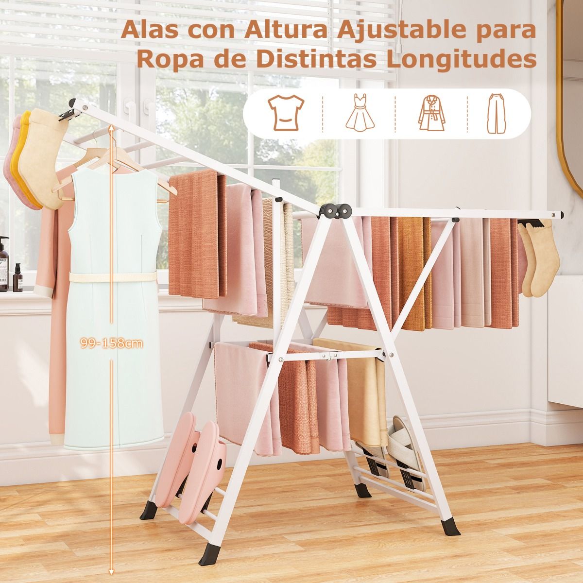Tendedero plegable, con Alas Ajustables, Tendedero de ropa, 163 x 56 x 99–158 cm, Blanco, Costway, 8