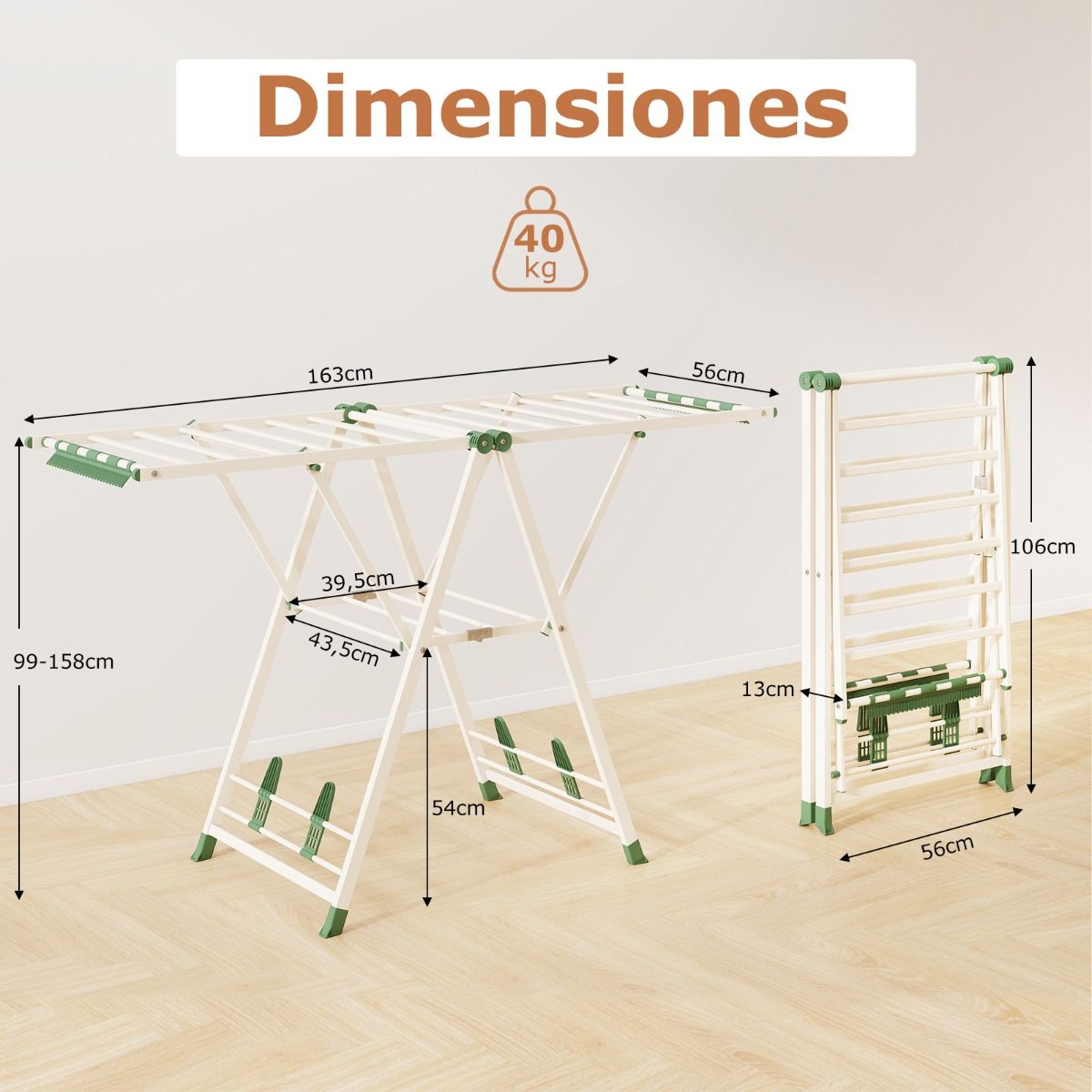Tendedero plegable, con Alas Ajustables, Tendedero de ropa, 163 x 56 x 99–158 cm, Beige, Costway, 4