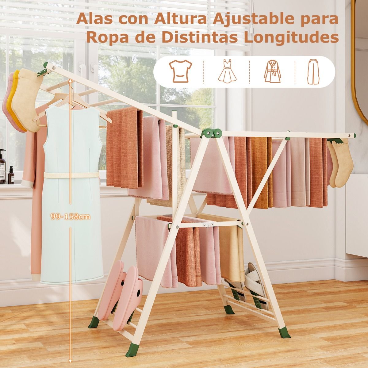 Tendedero plegable, con Alas Ajustables, Tendedero de ropa, 163 x 56 x 99–158 cm, Beige, Costway, 8