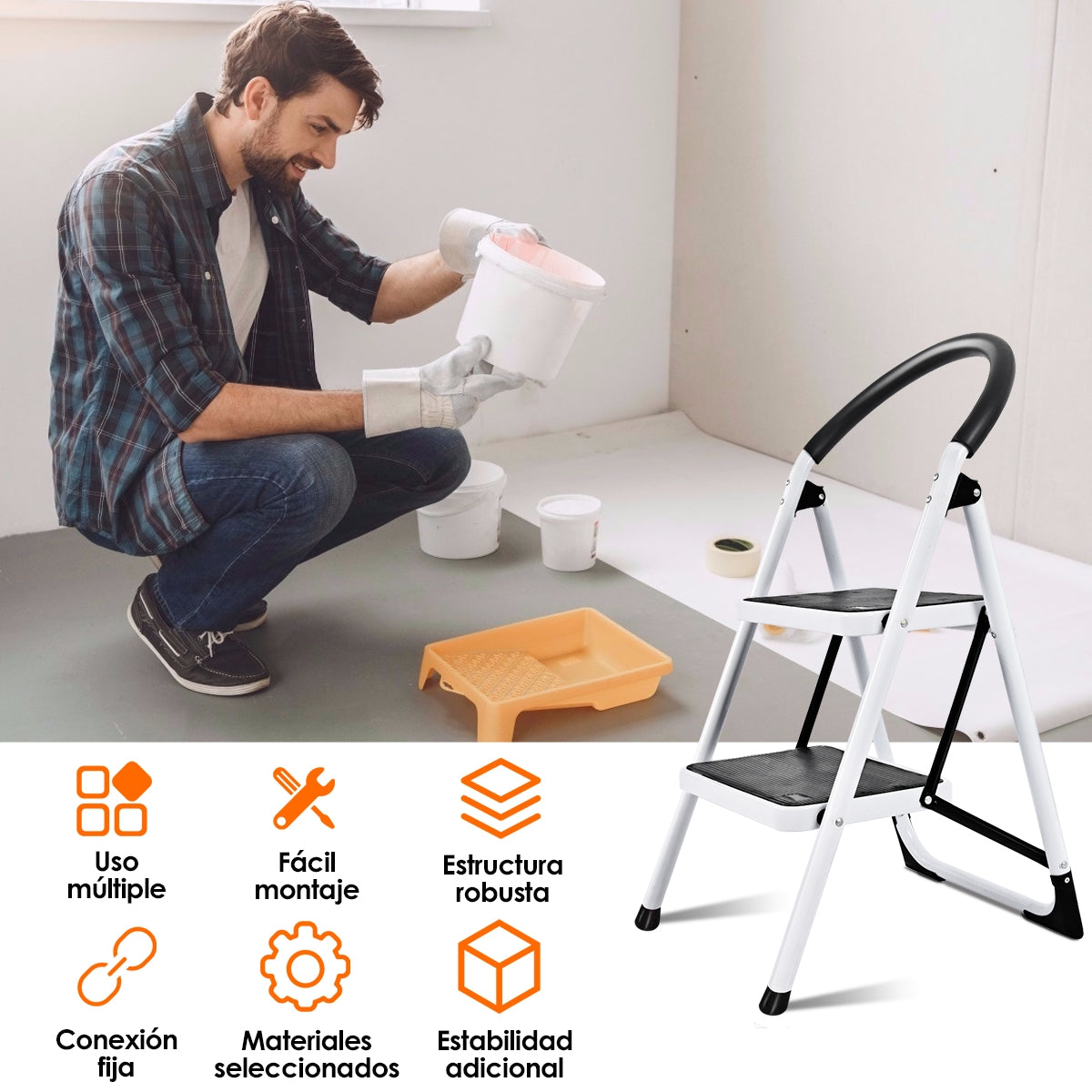 Escalera, Escalera Plegable, con 2 Peldaños, de Metal, Estructura Resistente, Carga 150 kg, Negro, Costway, 8