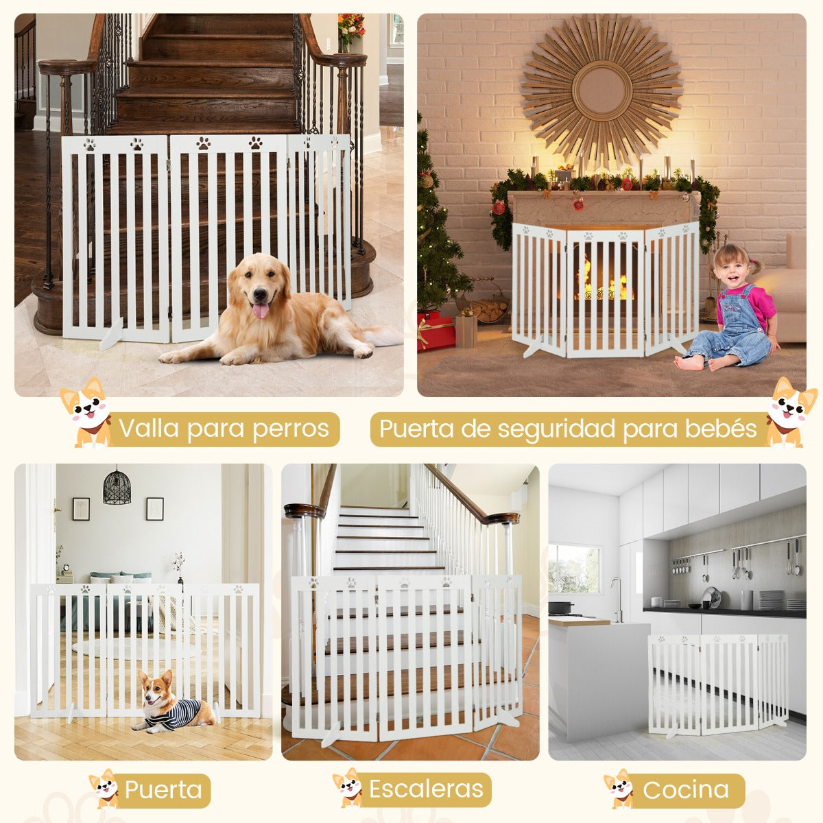 Valla para Perros, Barrera para Perros, Extra Ancha, 2 Pies de Soporte de 3 Paneles, Barrera Independiente, Blanco, Costway, 8