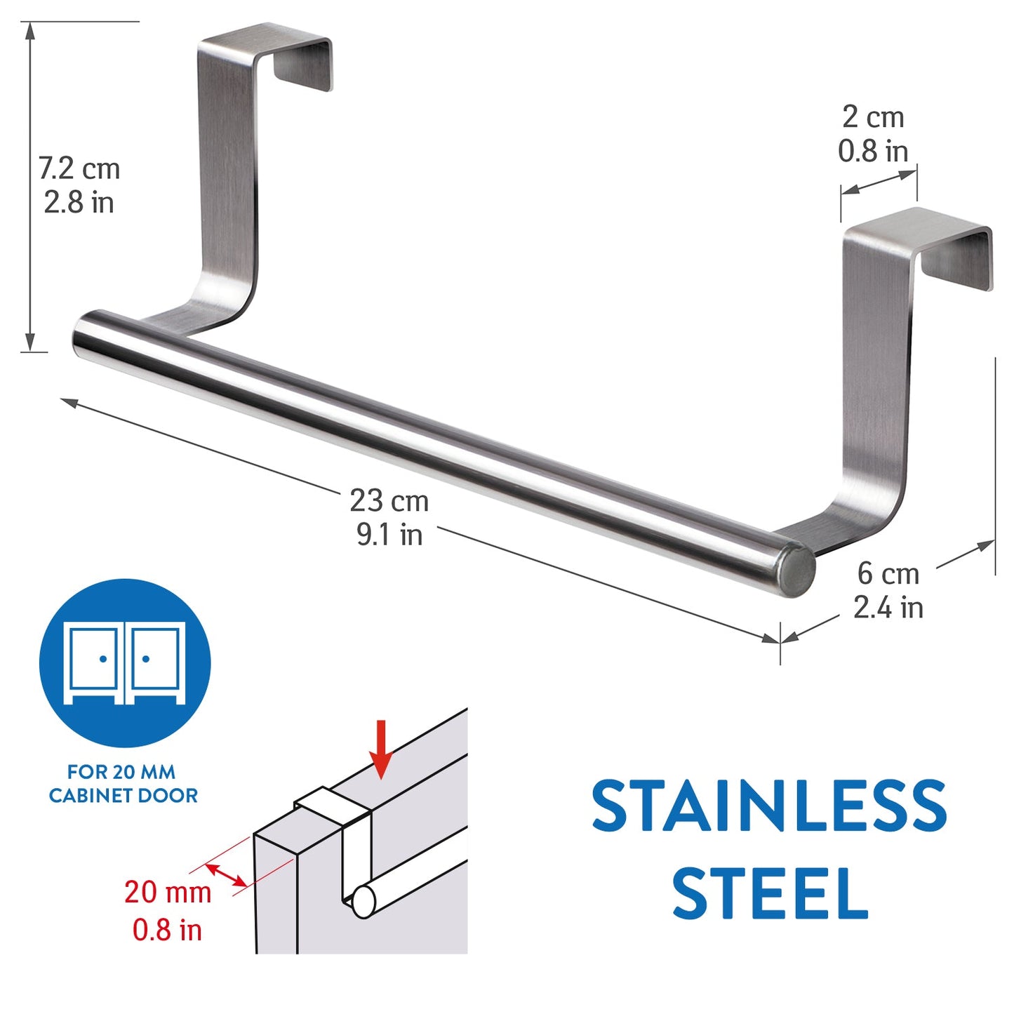Tatkraft Horizon Toallero para Puertas, Colgador de Paño de Cocina y Baño, Acero Inoxidable (2 Pack)