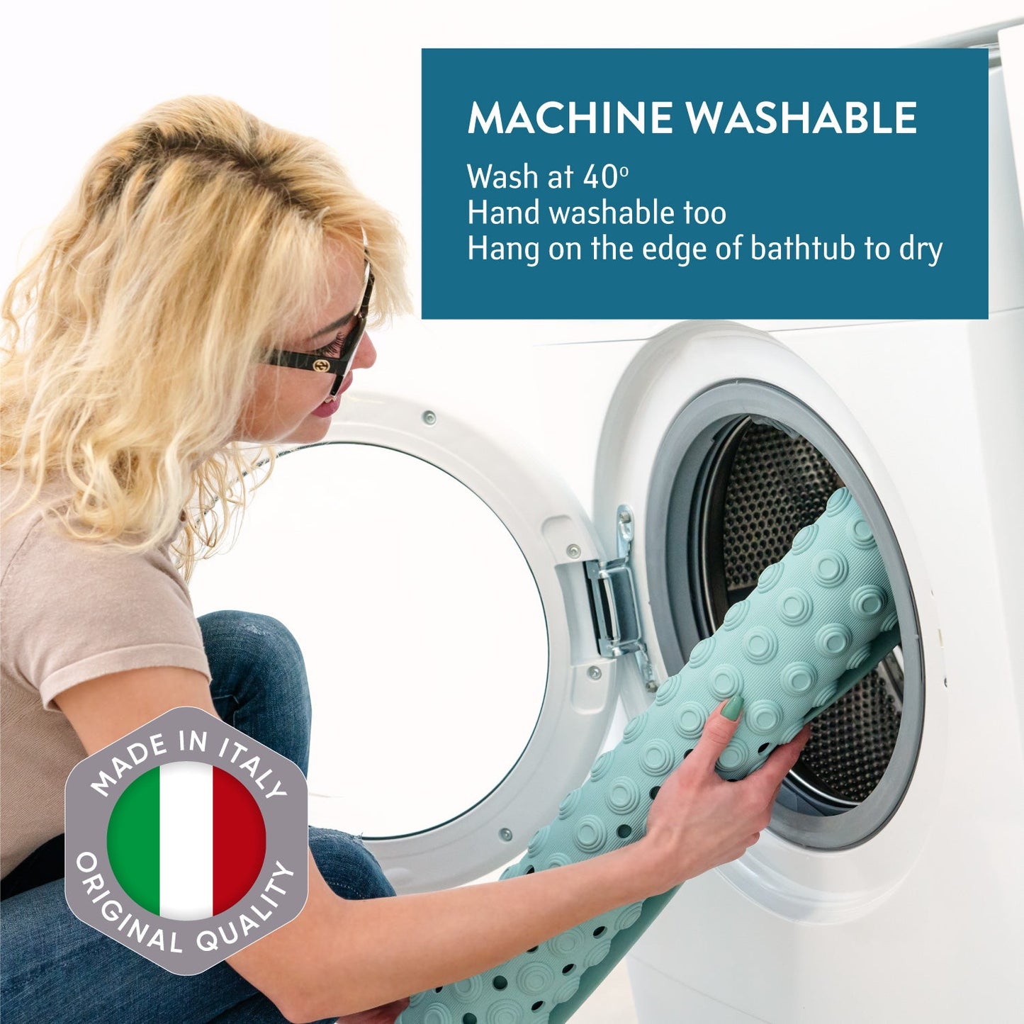 Tatkraft Detail - Alfombra Ducha Antideslizante, 60x60 cm, Made in Italy, Alfombrillas para Bañera, con ventosa, Protección contra resbalones, Azul