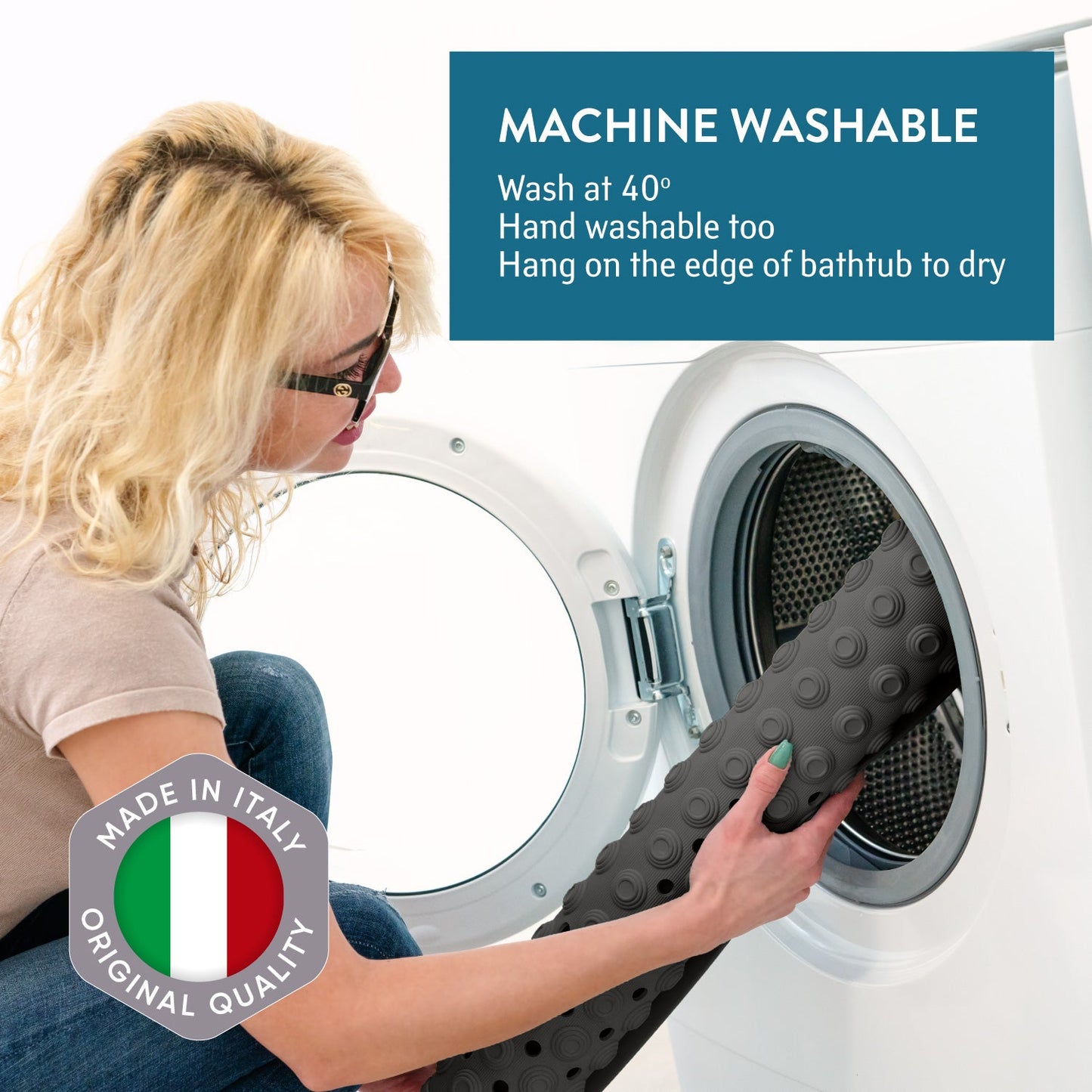 Tatkraft Detail - Alfombra Ducha Antideslizante, 60x60 cm, Made in Italy, Alfombrillas para Bañera, con ventosa, Protección contra resbalones, Negra