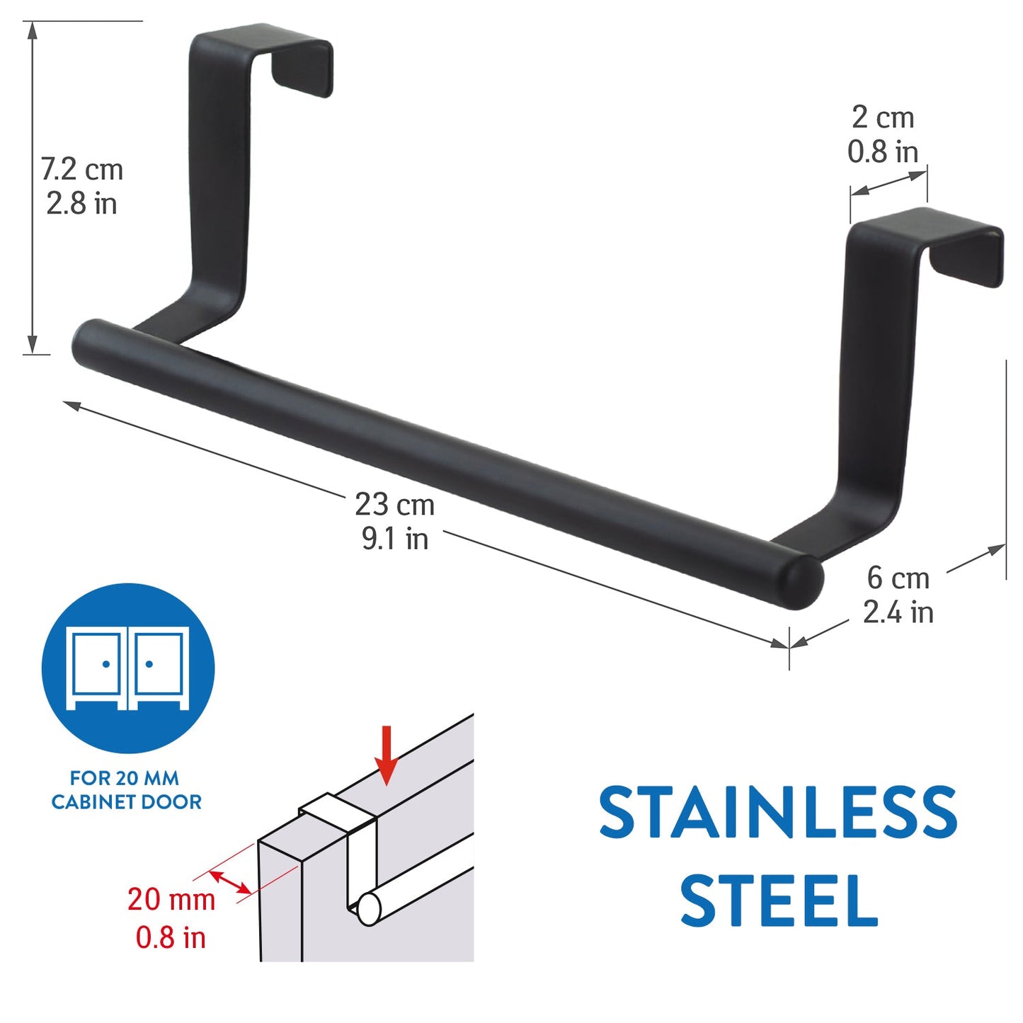 Tatkraft Horizon Black Toallero para Cocina y Baño, Colgador de Paño, Acero Inoxidable