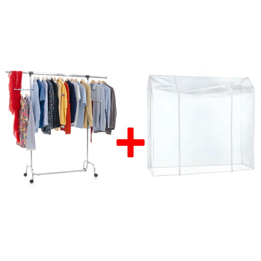 Armario de Tela, Burro para Ropa, con Ruedas, con Funda Plástico Transparente para Perchero de Ropa, Tatkraft Falcon & Big, 2