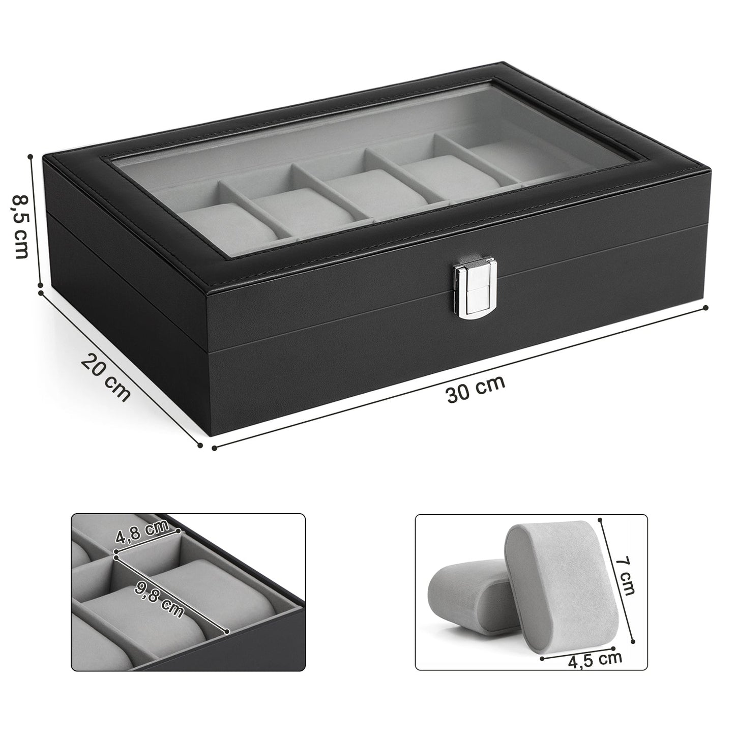 SONGMICS - Caja de Relojes con 12 Compartimentos, Estuche para Relojes con Tapa de Cristal, Almohada extraíble, Forro de Terciopelo, Cierre de Metal