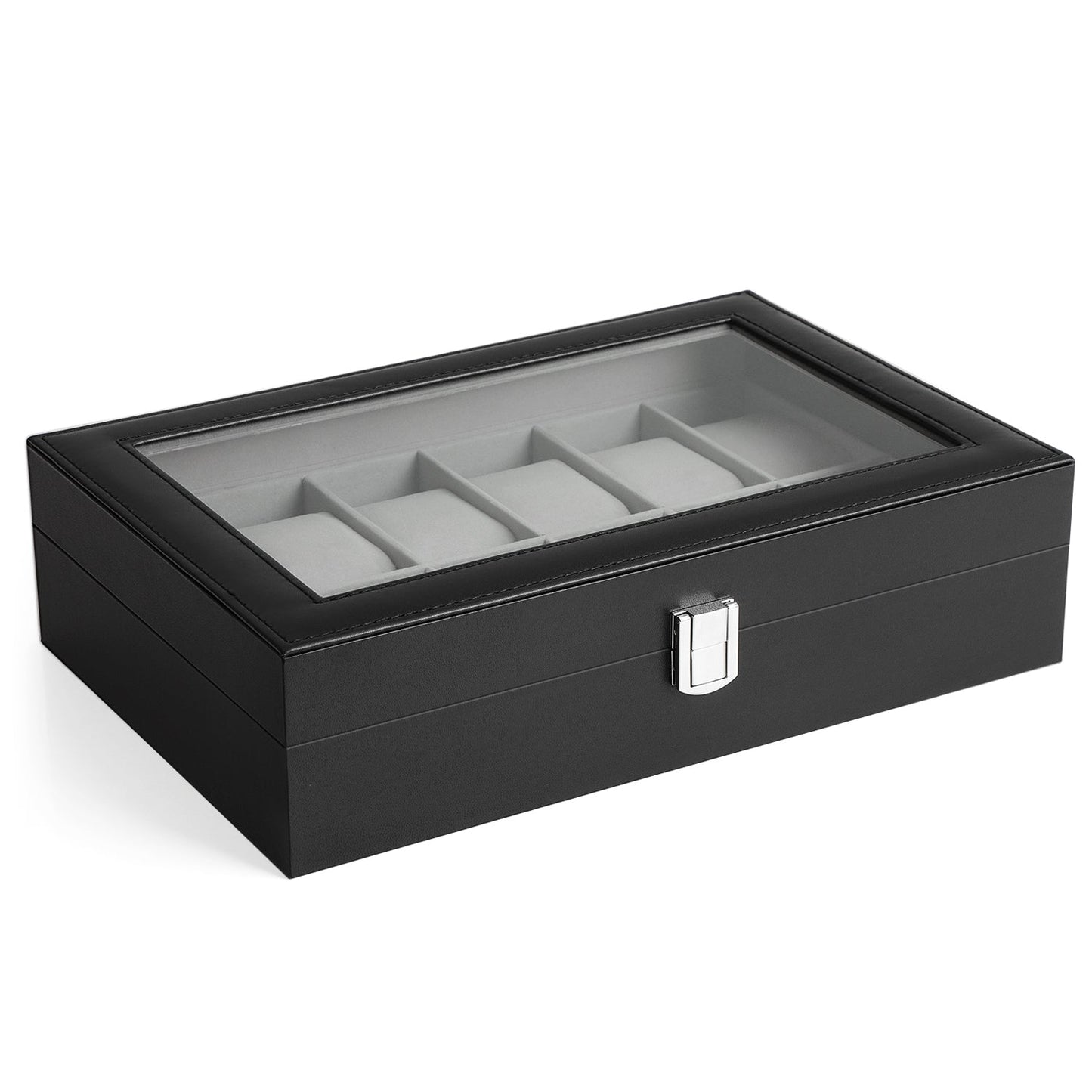 SONGMICS - Caja de Relojes con 12 Compartimentos, Estuche para Relojes con Tapa de Cristal, Almohada extraíble, Forro de Terciopelo, Cierre de Metal