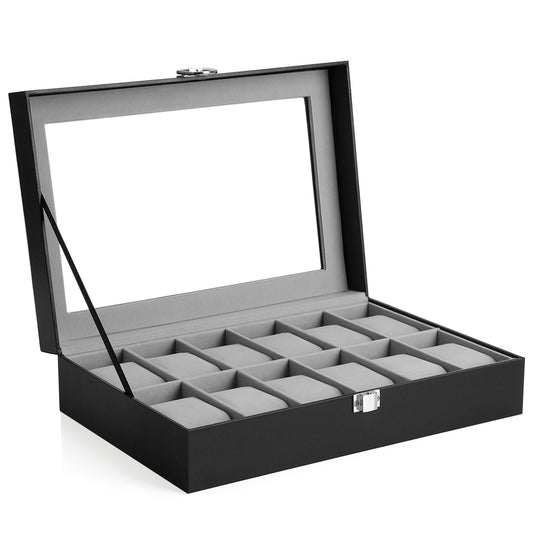 SONGMICS - Caja de Relojes con 12 Compartimentos, Estuche para Relojes con Tapa de Cristal, Almohada extraíble, Forro de Terciopelo, Cierre de Metal