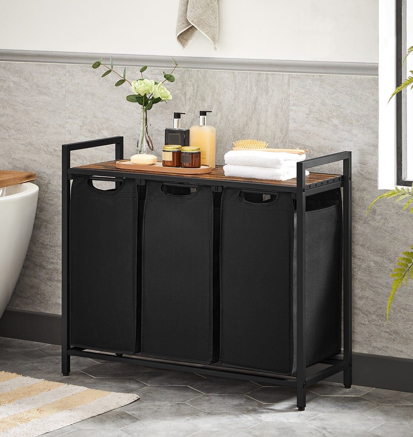 Cesto de Ropa con 3 Compartimentos, Extensible y Desmontable, 38L por Bolsa