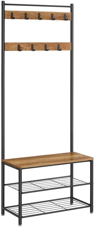 VASAGLE - Capacleador estantes de ropa con estantes de zapatos, estante de zapatos con área de asiento, 3 estantes, altura de 175 cm