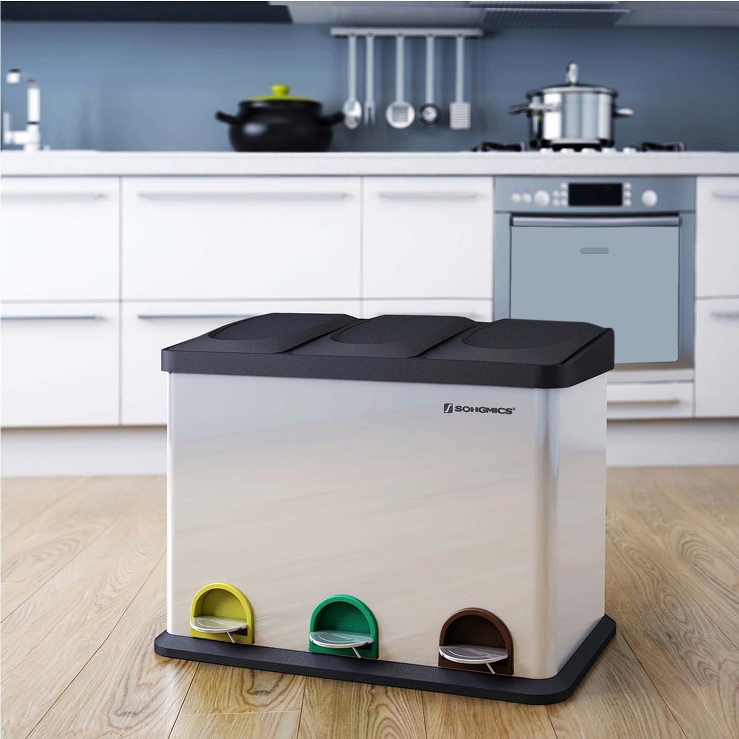 Songmics Cubo de Basura con Pedal para Reciclaje, 3 x 45L