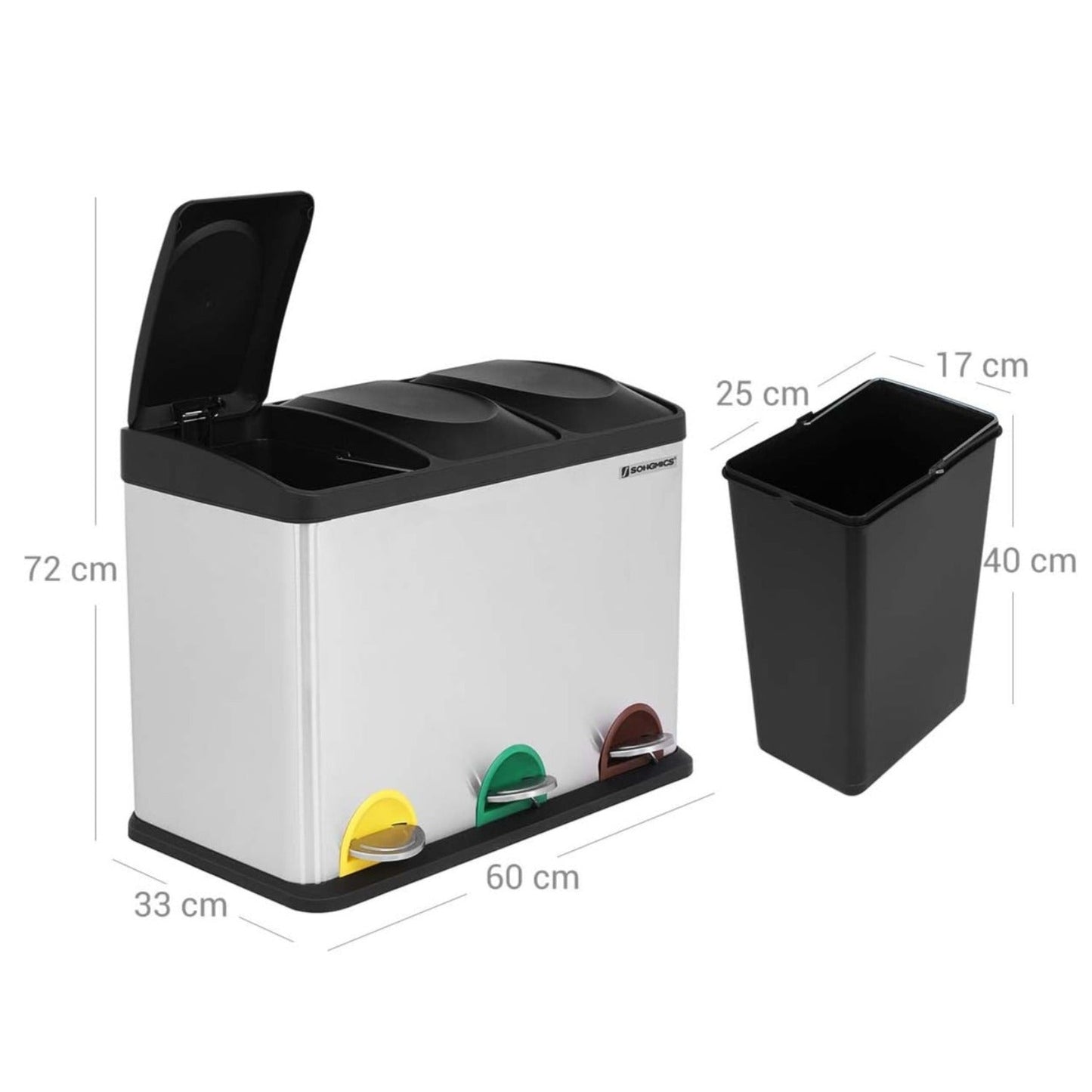 Songmics Cubo de Basura con Pedal para Reciclaje, 3 x 45L