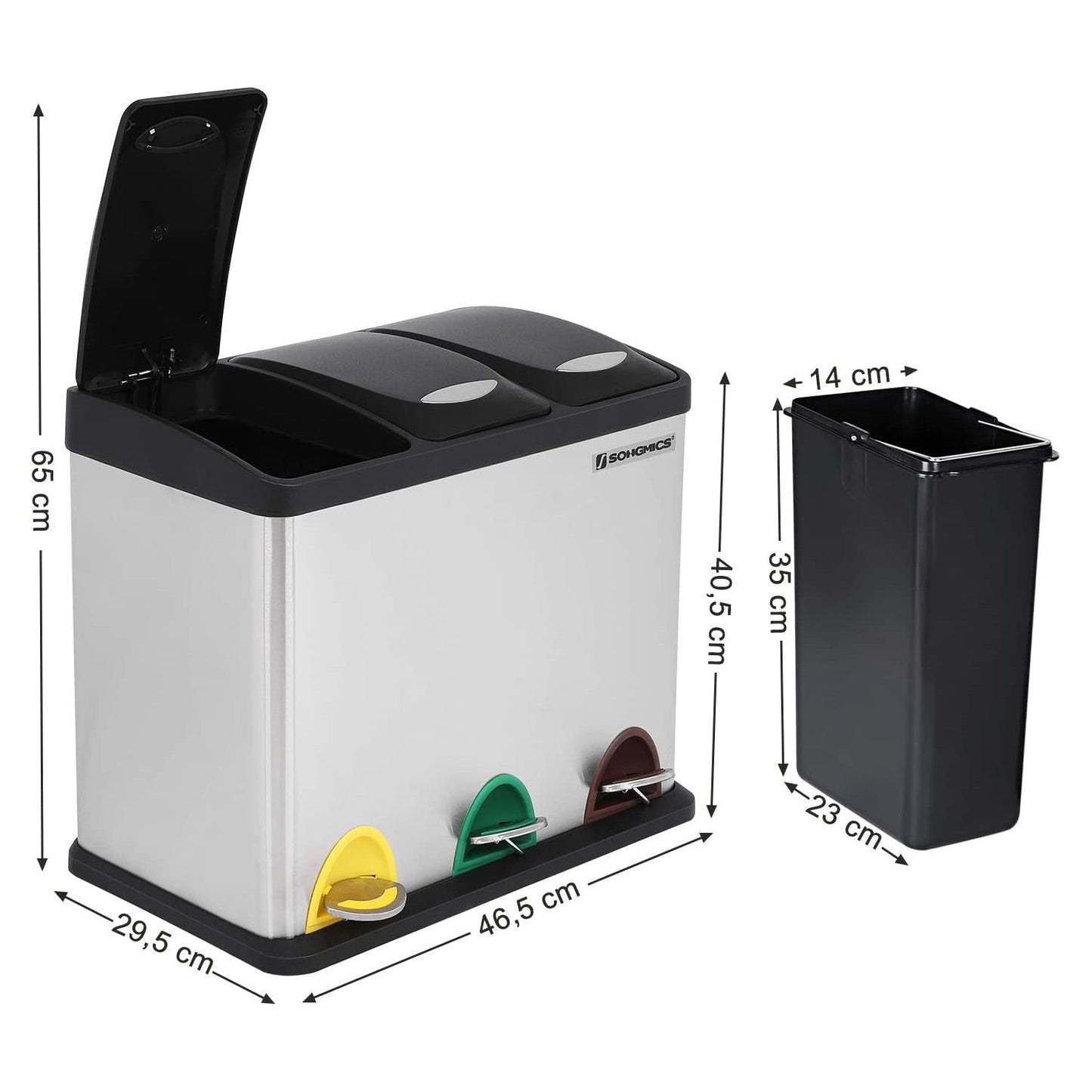 Songmics Cubo de Basura de Acero Inoxidable con Tres Compartimentos y Pedal