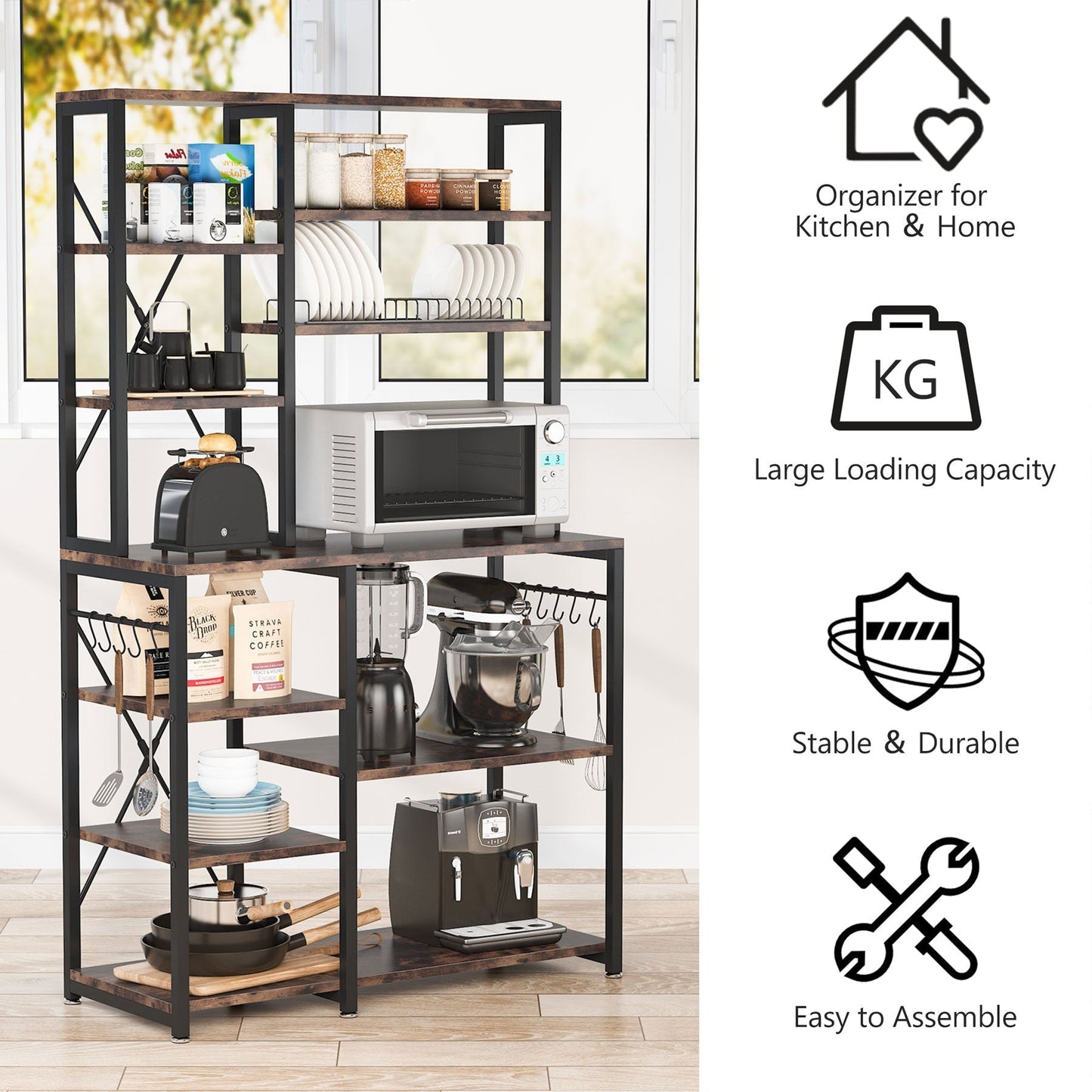 Estante de Cocina para panadería, 10 Niveles Cocina Utilidad Estante de Almacenamiento Mesa con 10 Ganchos en Forma de S, 2