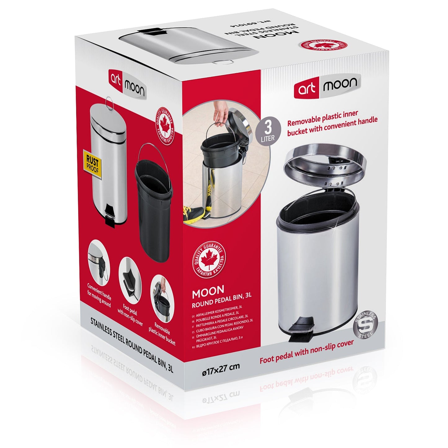 art moon Moon Mini Cubo de Basura Redondo con Pedal 3 L para Baño Cocina, Basurero de Acero Inoxidable Brillante, D 17 x 27 cm