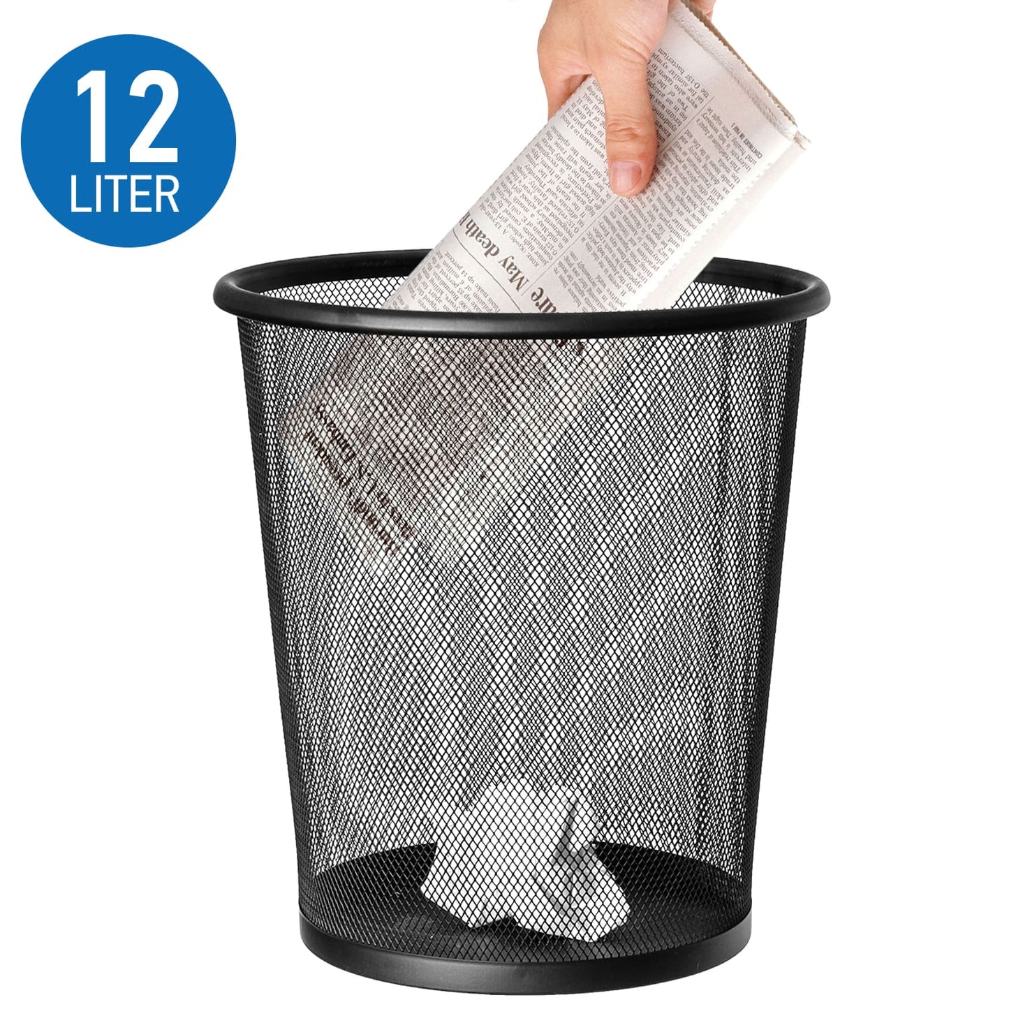 Papelera Circular Inox, de Rejilla Metalica, de Acero Recubierto de Polvo, Papelera Negra, 2 Pack, 12L. Mesh