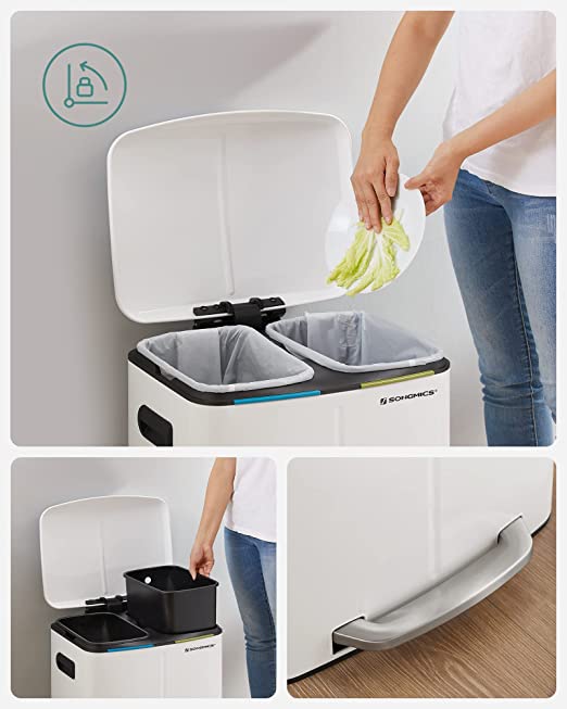 Songmics Cubo de Basura con 2 Compartimentos de 20L con Sistema de Reciclaje