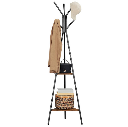 Perchero de Pie con 2 Estantes, Negro