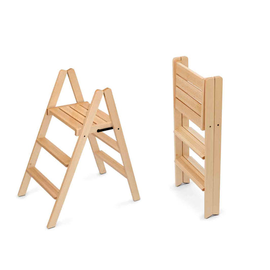 Escalera, Escalera de madera, Taburete plegable con 3 peldaños, Natural de Madera, Dorotea