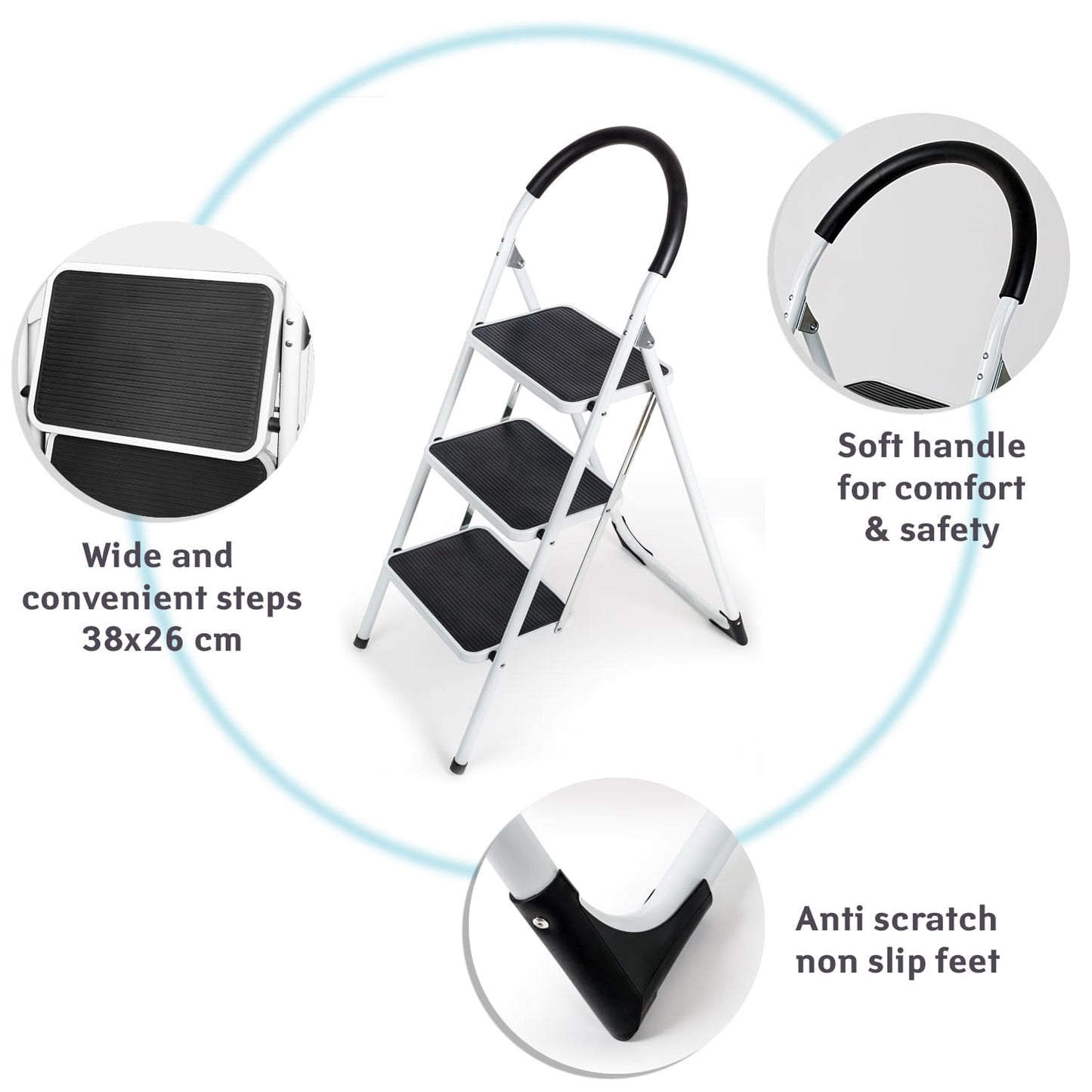 Escalera, Peldaños antideslizantes, Pies antirrayas, Asa grande y cómoda, WonderWorker Bold