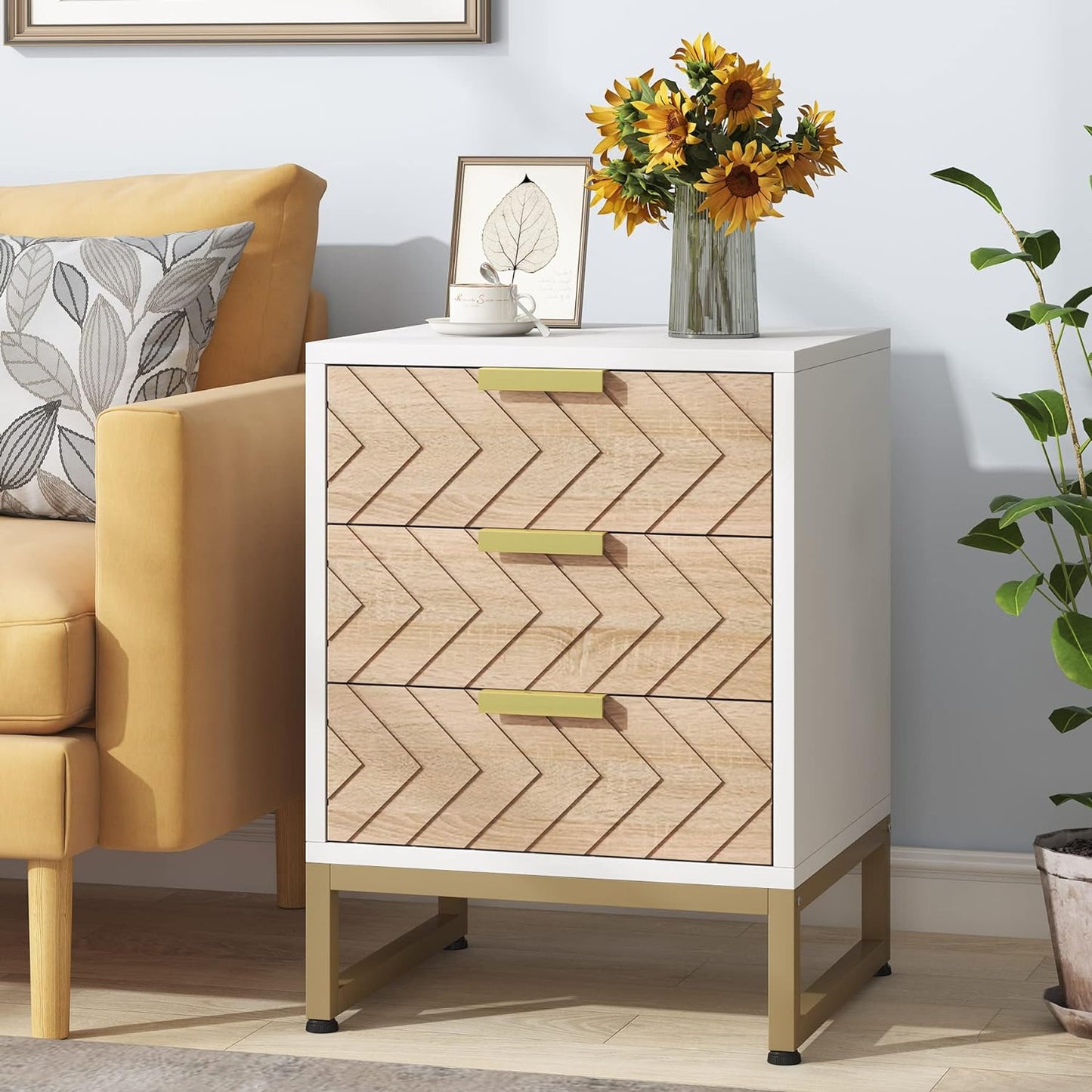 Tribesigns - Mesita de noche de 3 cajones, mesita de noche con diseño único en zig zag, moderna mesa auxiliar para dormitorio, sala de estar
