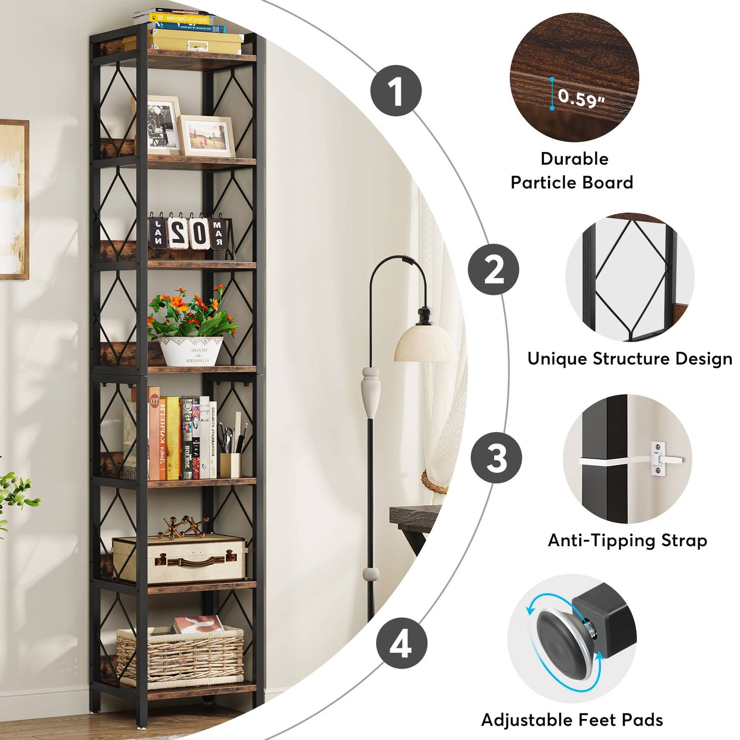 Tribesigns - Librería de 7 Niveles, 200 cm Estantería Alta, Estantería Almacenaje de Madera y Metal para Espacios pequeños, Estantería para Oficina