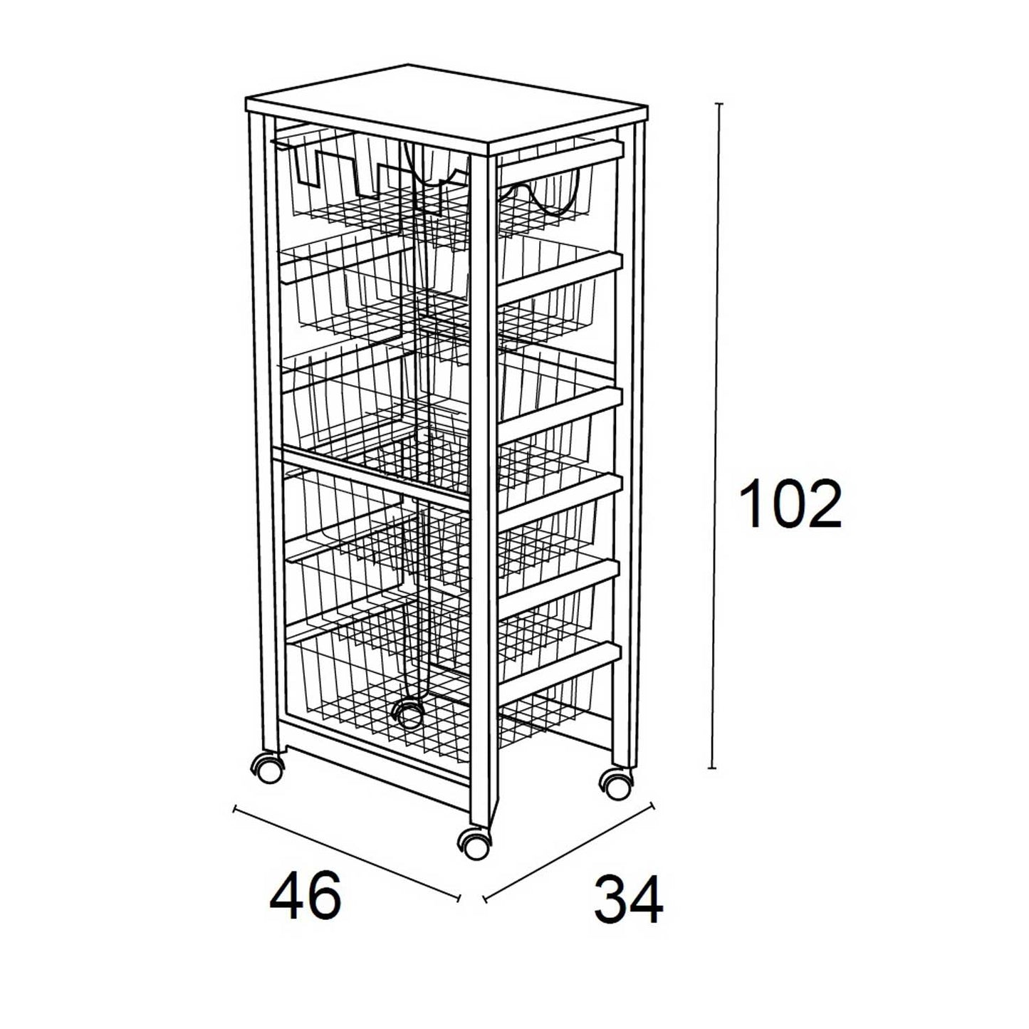Carro cocina GUSTAVO, Carrito de Cocina con 5 Cestas, 1 Portabotellas, Carrito de Cocina de madera, Blanco. 3