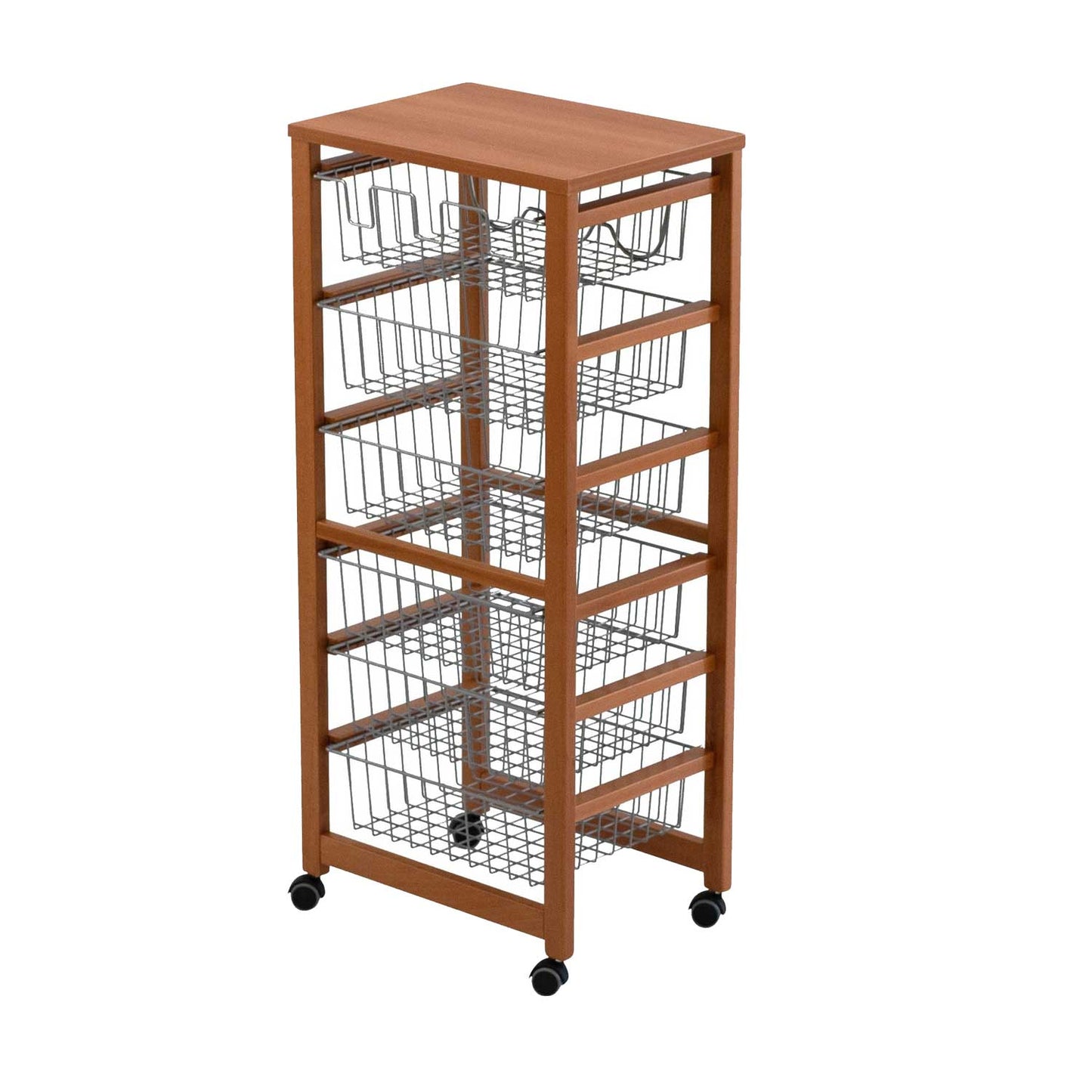 Carro cocina GUSTAVO, Carrito de Cocina con 5 Cestas, 1 Portabotellas, Carrito de Cocina de madera, Cerezo